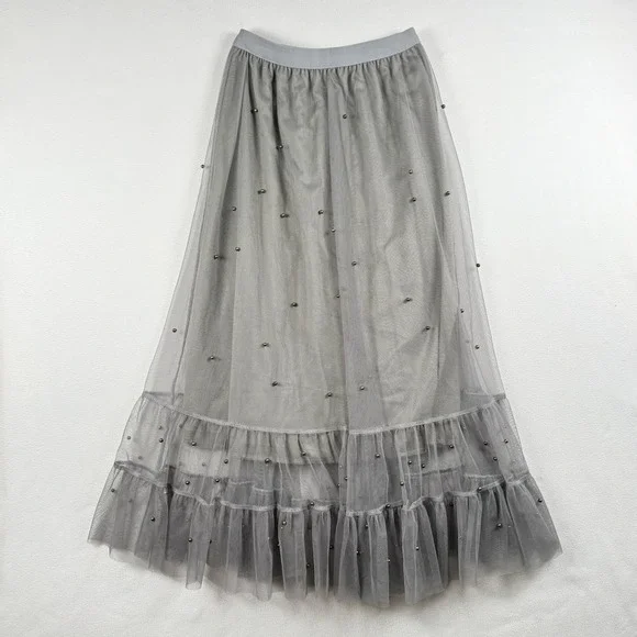 Chicwish Grey Tulle Maxi Skirt Faux Pearl Accents Ruffle Tiered Mesh Romantic - Picture 4 of 7